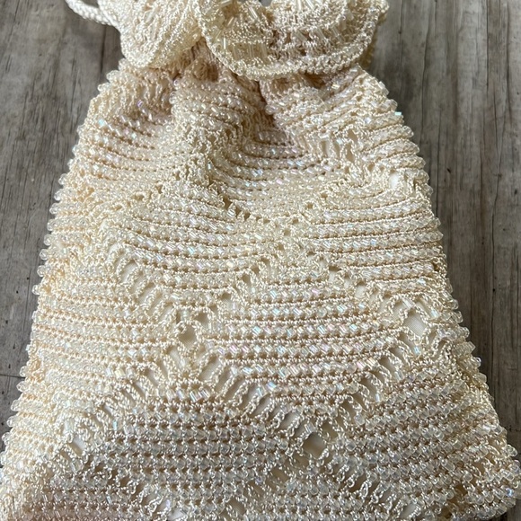 Vintage Valerie Stevens Beaded Drawstring Pouch Bag Ivory Cream Bridal Purse - Picture 4 of 10